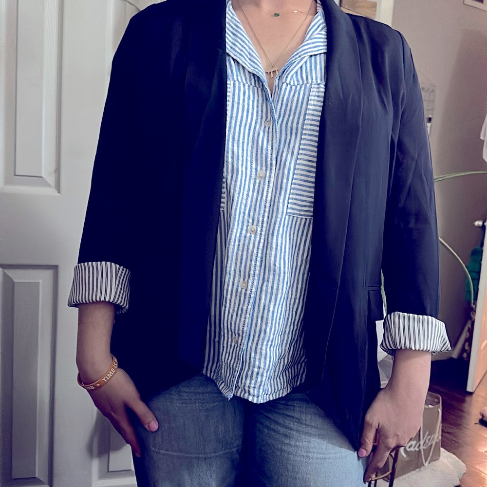 Quince Crepe Open Front Blazer sz L Black Wrinklefree Career Shoulder Pads